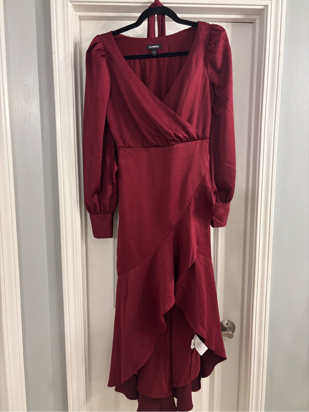 Express Women's Wine Red Wrap High-Low Ruffle Dress